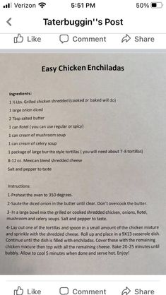 the menu for tater tot chicken enchiladas is displayed on an iphone