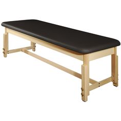 a wooden bench with black leather top on an isolated white background for use as a massage table