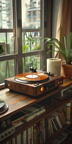 a record player sitting on top of a wooden table next to a window with plants