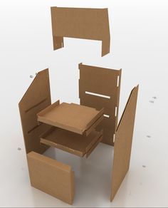 an open cardboard box sitting on top of a table with two drawers and one drawer