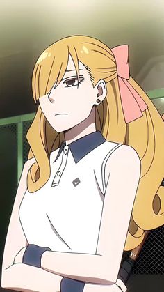 an anime character with blonde hair wearing a white shirt