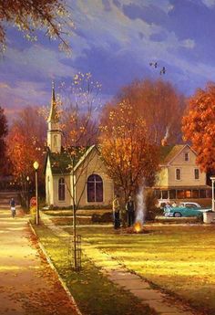 a painting of a church in the fall with people walking down the sidewalk and cars parked on the street