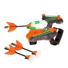 an orange and black toy vehicle with two lights on it's sides, one has arrows attached to the front