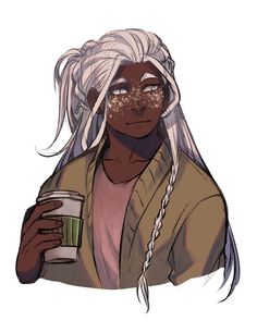 a woman with white hair holding a cup