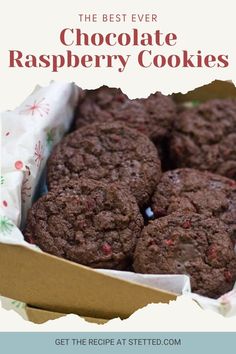 the best ever chocolate raspberry cookies in a cardboard box with text overlay