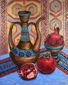 a painting of pomegranates and a teapot on a blue tablecloth