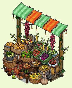 an outdoor fruit and vegetable stand with lots of fruits on the tables, under awnings