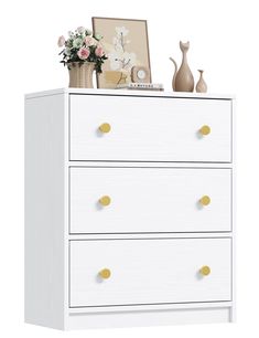 a white chest of drawers with flowers and vases on top, against a white background