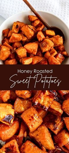 honey roasted sweet potatoes in a white bowl