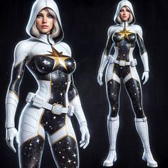 an image of a woman in space suit with stars on her body and hoodie