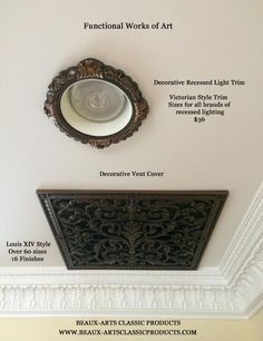 an ornate mirror mounted on the wall above a decorative vent cover with details labeled below