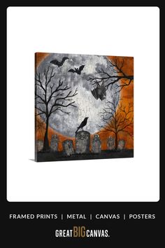 a halloween scene with bats and tombstones on an orange background, painted in acrylic paint