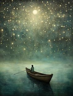 a painting of a man in a row boat floating on the water at night with stars above