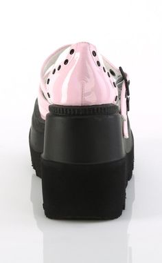 Kick it up a notch in the SHAKER-27 Mary Janes! These chunky wedges feature pink wingtips on a white body, trimmed with flat studs and broguing. Two straps secure over the foot with buckles to keep ya snug and a cute bat cutout on the toe adds an extra touch of gothy goodness. Pair with yer fave stockings and step out with attitude! The SHAKER series features a chunky 4 1/2 inch wedge heel. 100% Vegan. U.S women's sizing-refer to size chart for more info. Pastel Goth Shoes, Demonia Boots, Goth Shoes, Wedge Shoe, Creepers Shoes, Demonia Shoes, Patent Boots, Pink Platforms, Pleaser Shoes