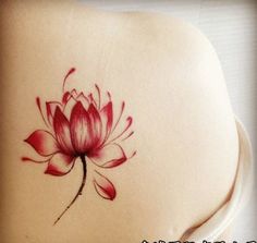 a woman's stomach with a tattoo of a red flower on the side of her breast