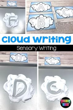 four different pictures of clouds and letters with the words cloud writing on them, in front of