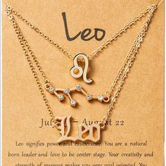 Leo Zodiac 3-Piece Necklace Set In Gold Brand New In Original Packaging! Lime Green Necklace, Blue Choker Necklace, Cupcake Necklace, Dainty Pendant Necklace, Blue Pendant Necklace, Blue Choker, Christian Necklace, Carnelian Pendant, Statement Choker Necklace