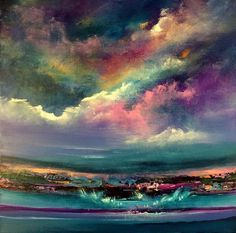 an oil painting of clouds over the ocean with buildings in the distance and colorful colors