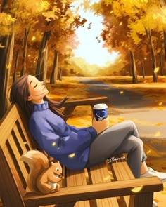 a painting of a woman sitting on a bench with her dog and holding a coffee cup