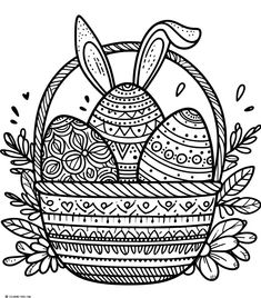 a black and white drawing of an easter egg in a basket with bunny ears on it