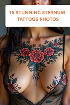 American Traditional Chest Tattoo Women, Middle Of The Chest Tattoo Women, Gothic Chest Tattoo Female, Chest Piece Tattoos For Women, Unique Chest Tattoo Female, Female Chest Tattoo Ideas, Unique Sternum Tattoo, Sternum Tattoos For Women, Between Chest Tattoo Female