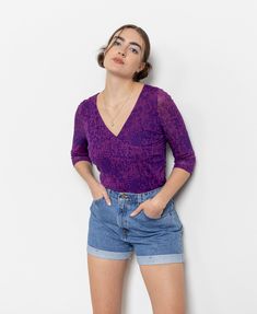 Vintage 90's pink and purple three quarter length sleeve mesh tee. Wrap style neckline with gathering down the sides of the top. Sheer through the sleeves (one layer of mesh) and more opaque through the bodice (which is made from two layers of mesh). Well laundered and ready to wear. Colors may vary slightly from screen to screen.  Material: 100% Nylon  Best Fit: Medium Size On Tag: Medium Brand: Unlisted A Kenneth Cole Production / Made In China    Sizing Armpit To Armpit (Measured Flat / Double):  17" Stretches To  19" Shoulder To Bottom:  25"   Shoulder Seam To Seam:  14"  Shoulder Seam To Sleeve Hem:  17.5" Not pinned on model, fits as shown. Model typically wears a size small/medium and is 5'10" tall. Please check measurements before ordering, we want you to love your purchase! Measur Violet Vintage, Mesh Tops, Wrap Shirt, Kenneth Cole, Wrap Style, Low Cut, Three Quarter, Womens Clothing Tops, Medium Size