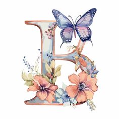 the letter f with butterflies and flowers on it is painted in pastel blue tones