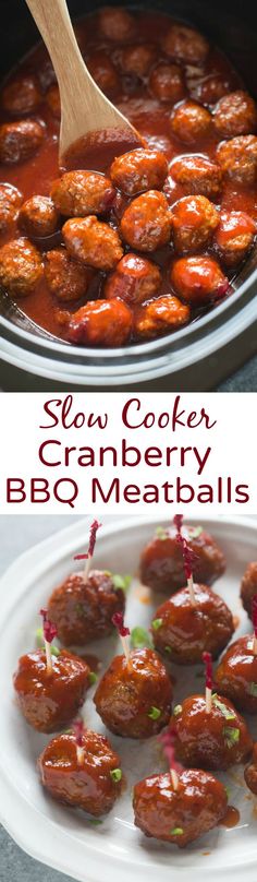 slow cooker cranberry bbq meatballs are ready to be eaten