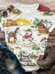 Western Snowman Print Crew Neck T-Shirt Horse Designs, Sport Dress, Dark Fashion, Casual Party, The Clothes, Height And Weight, Western Wear, Girls Trip, Festival Fashion