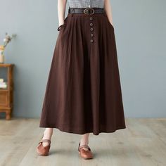 "★★FEATURES Cotton linen blend Button front skirt(the button can't be opened) Back elastic waistband Two side pockets Pleated skirt Regular fit A Line skirt Gathered skirt Perfect for Summer, Spring, Autumn Fabric swatch https://etsy.me/3lRLcF4 ★★ Models's button up shirts click https://etsy.me/3yczTe8 ★★ Model Size Height approx 162 cm (5′ 4″) Bust 84 cm (33\") Waist 66 cm (26\") She wears size XS. ★★ Please select custom order according to the follow situation Your height is not between 5'1\" Maxi Linen Skirt, Long Linen Pants, Clothes Capsule Wardrobe, Long Linen Skirt, Long Flowy Skirt, Skirt Flowy, Autumn Outwear, Skirt A Line, Button Front Skirt