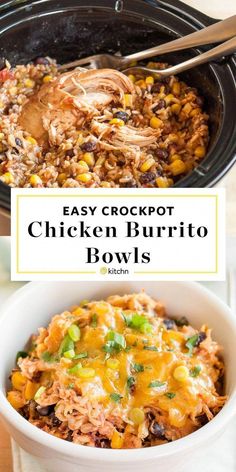 an easy crockpot chicken burrito bowl is ready to be eaten in the slow cooker