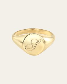 Small engraved signet ring in the color/material of your choice, sterling silver, gold vermeil, or 14k solid gold in the font of your choice, block, script or gothic or your Zodiac sign. This ring is just perfect and part of our best sellers, a true personalized and fun timeless signet rings. For a Zodiac Engraving please note your desired Zodiac Symbol in the comment box at checkout Made in L.A. Size: Approx. 8mm Weight: Approx. 3 grams Ships in 5-12 business days Rush orders ship in 5-8 busine Round Signet Ring, Engraved Signet Ring, Gothic Font, Signet Rings, Jewelry Inspo, Signet Ring, Yellow Gold Rings, Hair Jewelry, Gold Vermeil