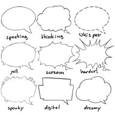 the different types of speech bubbles are shown in black and white, with words above them