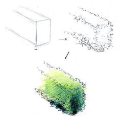 a pencil drawing of a green object next to a white box