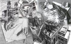 a collage of black and white images with various objects