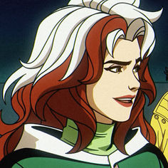 an animated image of a woman with long red hair and green shirt looking to her left