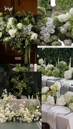 white flowers and greenery are arranged on tables