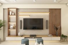 modern living room with large flat screen tv mounted on the wall and wooden shelving