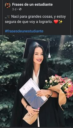 a woman in graduation cap and gown holding flowers