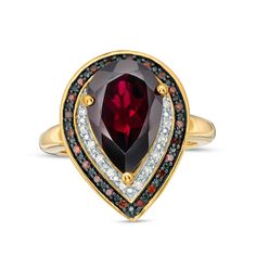 Dress to impress in this pear-shaped garnet with red enhanced and white diamond frame ring, an exquisite style that captures your mysterious side. Fashioned in sterling silver with 14K gold plate This design glistens with a captivating 14.0 x 9.0mm pear-shaped regal red garnet. White diamonds surround the center stone in sparkle. Alluring red enhanced diamonds adorn the outer beaded frame in black rhodium plate. 1/5 ct. t.w. of diamonds The inside of the shank is rounded for comfort. Red Pear, Diamond Logo, Frame Ring, Diamond Frame, Garnet Jewelry, Garnet Stone, Pear Diamond, Red Garnet, Diamond Stone