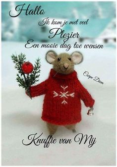 a toy mouse in a red sweater holding a christmas ornament with a snowflake on it