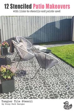 an outdoor patio with chairs and potted plants in the back yard, next to a wooden fence