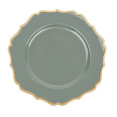 a green plate with gold trim on the edge and an oval design in the center