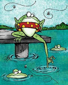 a frog sitting on top of a wooden post in the middle of water with other frogs swimming