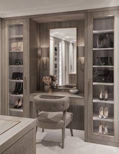 a dressing room with shoes on the shelves