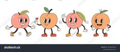 three peaches with different expressions and their faces