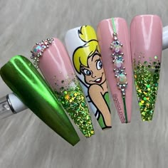 Characters Nails Design, Nails With Cartoon Characters, Disney Nails Tiana, Black Barbie Nails, Character Nails Designs, Character Art Nails, Up Nails Disney, Tinkerbell Themed Nails, Character Nail Art Disney