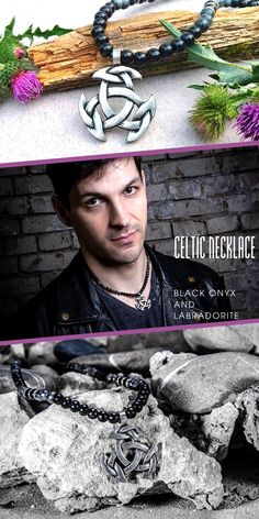 a man wearing a leather jacket and necklace next to a brick wall with plants on it