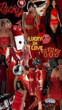 a collage of women in red dresses and accessories with the words lucky on love