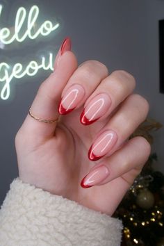 Red Tip Oval Nails, Red Chrome Powder Nails, Glittery Pink Nail Designs, Simple Christmas Nails Chrome, Red Chrome French Tip Nails Almond, Red Tip Chrome Nails, Glazed Christmas Nails, Red Chrome Tips, Crismas Nails Simple